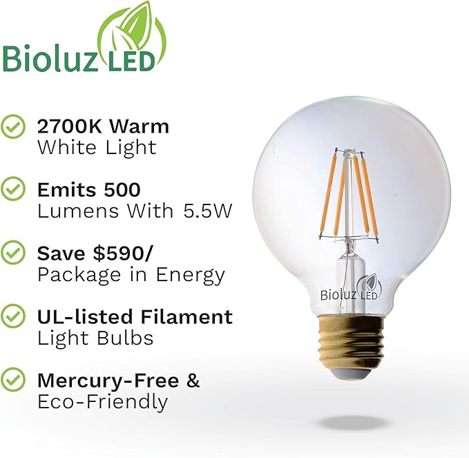 Bioluz LED 92 CRI G25 Globe Light Bulbs Clear Glass Filament 60W Replacement 5.5W Dimmable 2700K LED Bulb, Low Wattage Regular Light Bulbs LED, Bathroom Vanity Decor, 60W Edison Bulbs UL Listed-6-Pack