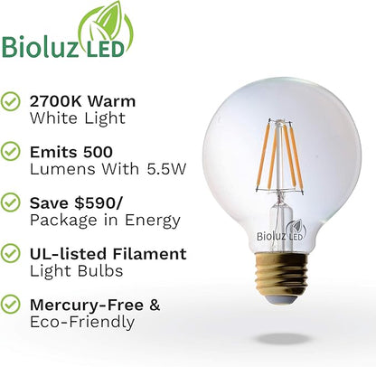Bioluz LED 92 CRI G25 Globe Light Bulbs Clear Glass Filament 60W Replacement 5.5W Dimmable 2700K LED Bulb, Low Wattage Regular Light Bulbs LED, Bathroom Vanity Decor, 60W Edison Bulbs UL Listed-6-Pack