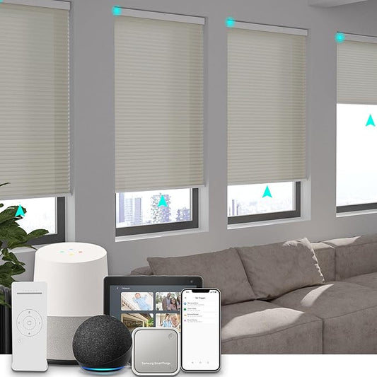 Changshade Smart Motorized Cellular Shades Remote Control for Indoor Windows Doors, Custom Size Electric Automatic Light Filtering Honeycomb Blinds Work with Alexa, Google Home, Smarthings, Beige