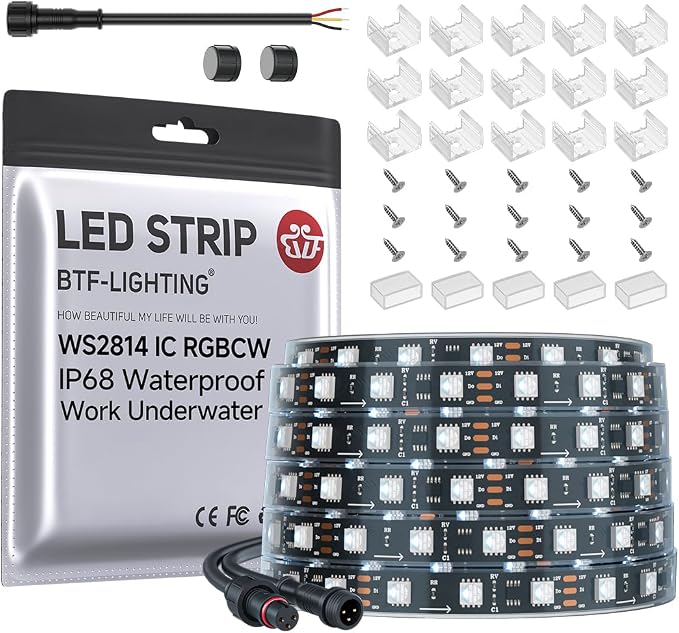 BTF-LIGHTING WS2814 RGBW IC DC12V 16.4ft 60LEDs/m RGB+Cool White IP68 | Waterproof Outdoor LED Strip Addressable Dream Color 5050SMD Light 20Pixels/m Can Work Outdoor(No Adapter or Controller)