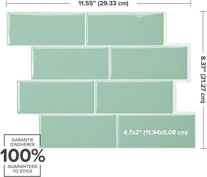 Smart Tiles Peel and Stick backsplash, Subway Jade Green, 11.55"x8.38" | Pack of 5 (2.8 sq ft), Glossy, Heat/Moisture Resistant, Low VOC, Kitchen/Bathroom, Renter Friendly, Made in Canada