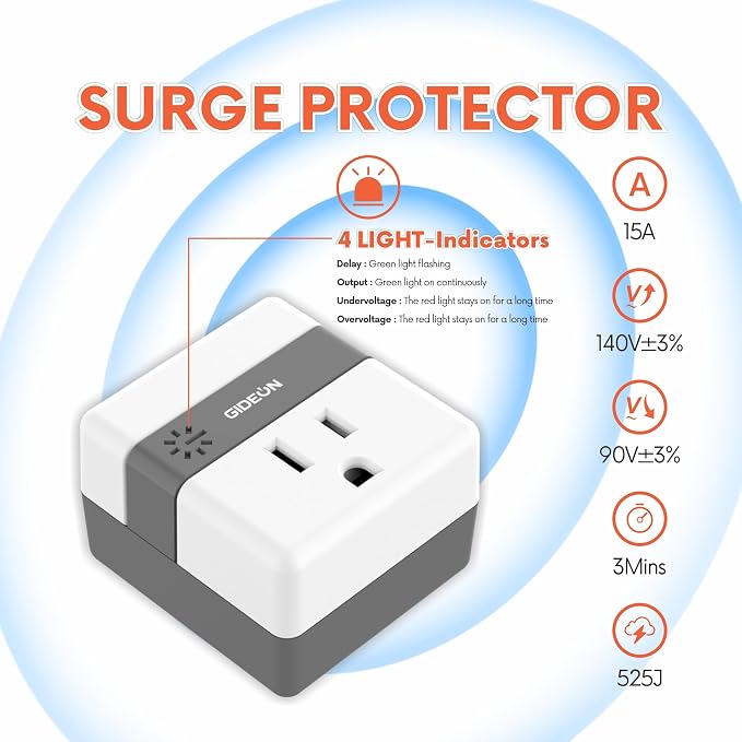 GIDEON Single Outlet Surge Protector, Voltage Protector for Refrigerator, Air Conditioner & Home Appliances, 120V 15A 1800W Wall Plug, Over & Under Voltage Protection with LED Indicator