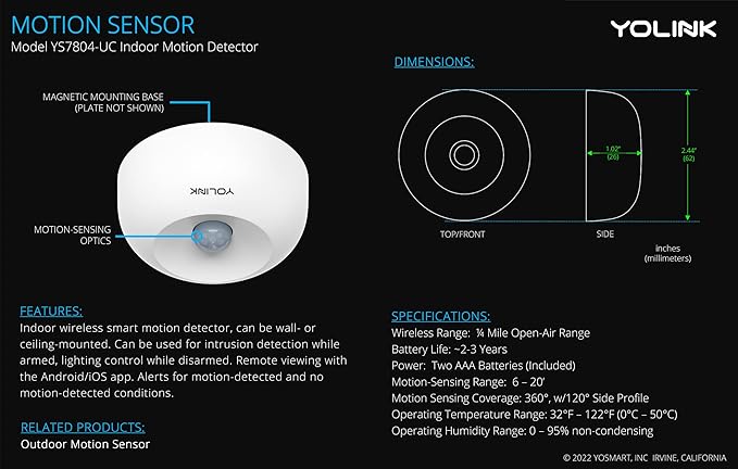YoLink LoRa 1/4 Wireless Range Smart Motion Sensors, Indoor Motion Detector, Alexa, IFTTT, Home Assistant, Movement Detector App Alerts Remote Monitor, 2 Pack, YoLink Regular Hub Included