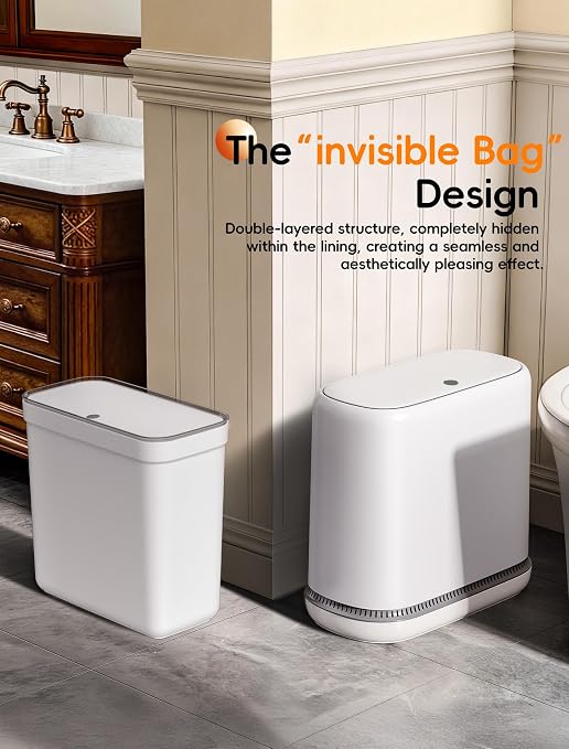 Dog Proof Small Bathroom Trash Can with Lid, Slim Press Top Garbage Can, Narrow White Plastic Waste Basket, for Bathroom Bedroom Office 2 Pack Set with 4.8 Gal and 3.3 Gal