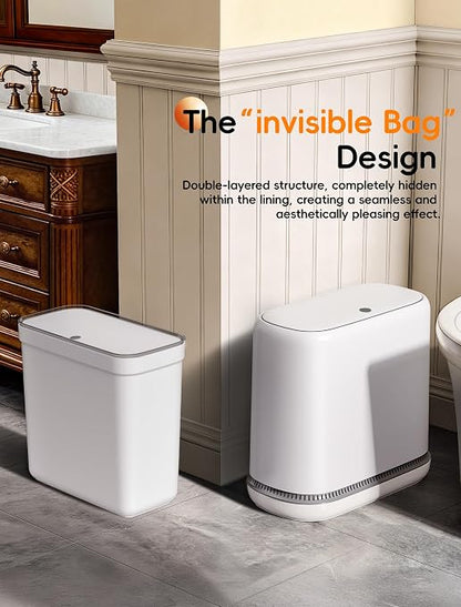 Dog Proof Small Bathroom Trash Can with Lid, Slim Press Top Garbage Can, Narrow White Plastic Waste Basket, for Bathroom Bedroom Office 2 Pack Set with 4.8 Gal and 3.3 Gal