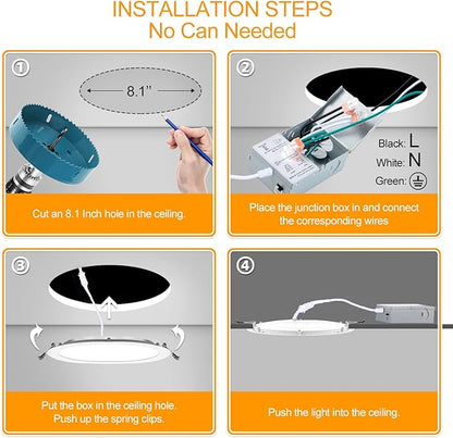 2 Pack 8 Inch LED Recessed Light- Ultra-Thin Recessed Ceiling Lighting with Junction Box, 3000K/4500K/6000K Selectable, 1800LM High Brightness, Dimmable Canless Downlight Fixtures