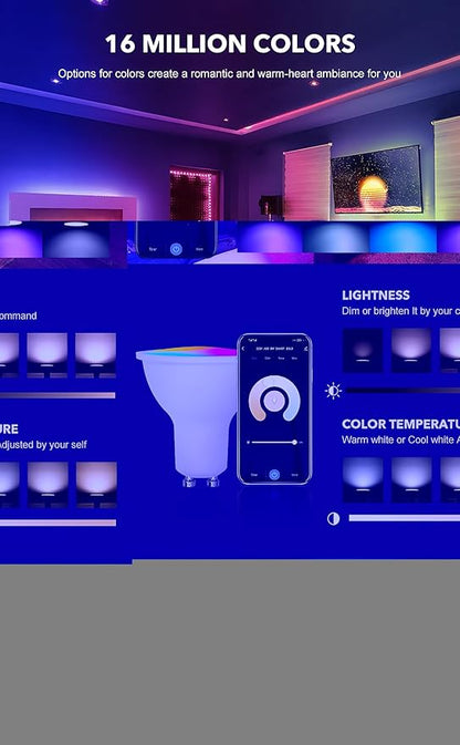 4 Pack GU10 LED Light Bulb WiFi Smart Light Color Changing Bulb 16 Million Colors Adjustable LED Light for Living Roomn Bedroom Office Hotel 2.4Ghz WiFi