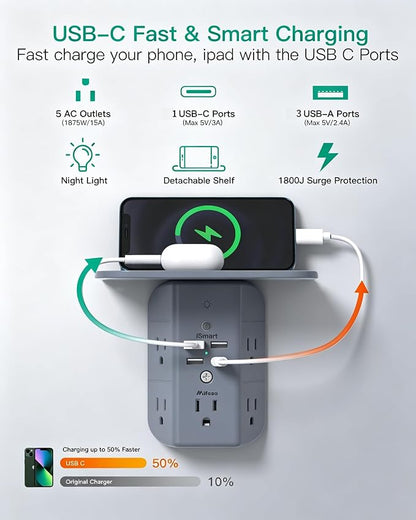 Wall Outlet Extender with Shelf and Night Light, Surge Protector, USB Wall Charger with 5 AC Outlets and 3 USB A Ports 1 USB C Port Wide Space 3-Sided Power Strip Multi Plug Outlets, Gray