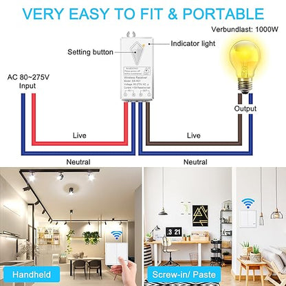 NineLeaf Smart Light Switch Receiver Kit, Wireless Light Switch Kit, Light Switch Panel Remotely Control 130ft Indoor 1900ft Outdoor, No Wiring Required without Tearing Wall 1x2-gang Switch 2 Receiver