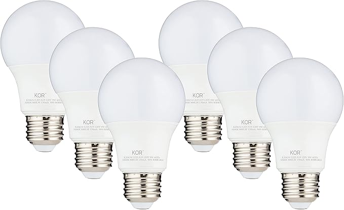 KOR 6 Pack A19 LED Light Bulb, 60W Equivalent, 5000K Bright White, 800 Lumens, Efficient 9 Watt Replacement Bulbs with E26 Standard Base, 15000 Long Life Hours, Non-Dimmable, 80+ CRI, UL Listed