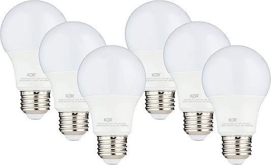 KOR 6 Pack A19 LED Light Bulb, 60W Equivalent, 5000K Bright White, 800 Lumens, Efficient 9 Watt Replacement Bulbs with E26 Standard Base, 15000 Long Life Hours, Non-Dimmable, 80+ CRI, UL Listed