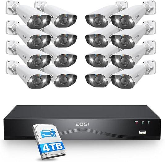 ZOSI 32CH 4K PoE Security Camera System, 16x 8MP Outdoor Wired Cameras, AI Human/Vehicle Detection, 2 Way Audio, Color Night Vision, 16 Port 32 Channel NVR with 4TB HDD for Business 24/7 Recording