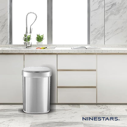 Ninestars DZT-50-49 Automatic Touchless Motion Sensor Oval Trash Can with Black Top, 13 gallon/50 L, Stainless Steel