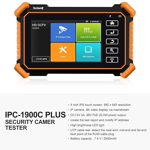 Rsrteng CCTV Camera Tester with Cable Tracer WT255, IPC-1900C Plus 4K 8MP 8K 32MP IP Camera Test 4inch IPS Touch Screen CCTV Tester Support POE PTZ DC12V Output IPC Tester