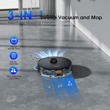 Robot Vacuum and Mop, Mapping Robotic Vacuums Cleaner with LiDAR Navigation Smart & Strong Suction, WiFi/App/Alexa/Voice Control, Obstacle Avoidance, for Home, Wood/Hard Floors, Pet Hair -Jet-black