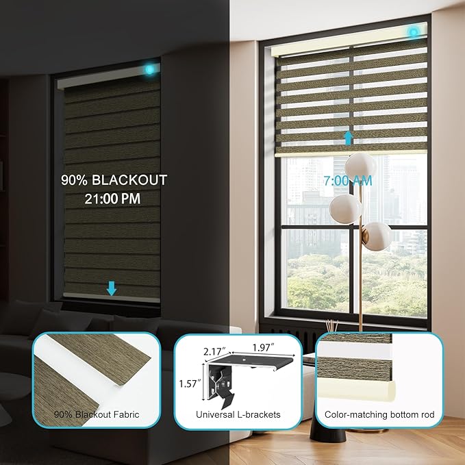 Motorized Zebra Blinds with Remote, Work with HomeKit Alexa, Smart Light Filtering Horizontal Automatic Electric Window Shades for Home Office Customsize（90% Blackout Brown）