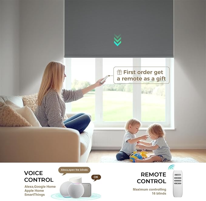 HeyBlinds Motorized Blinds with Remote, 100% Blackout Smart Blinds, Automatic Shades for Windows Compatible with Alexa Google and Homekit, Custom Size(Simply-Smoky Gray BO)