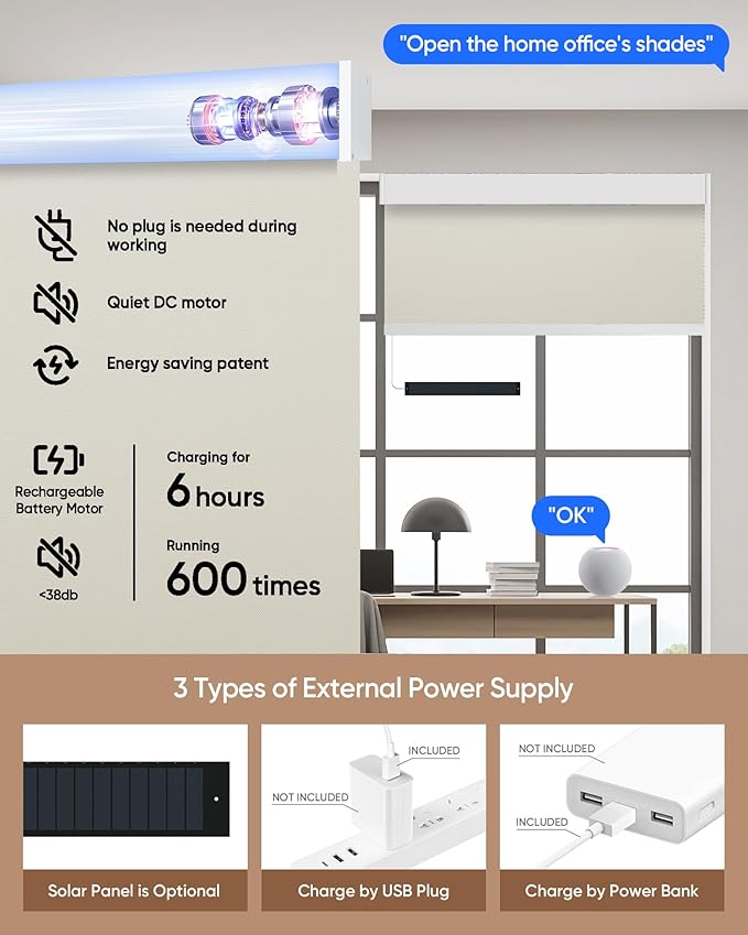 Motorized Blinds with Remote: Kincmo 100% Blackout Roller Shades Work with Apple Homekit,Alexa,Google Home, Customized Electric Blinds with App,Voice Control (100% Blackout Pure Cream)