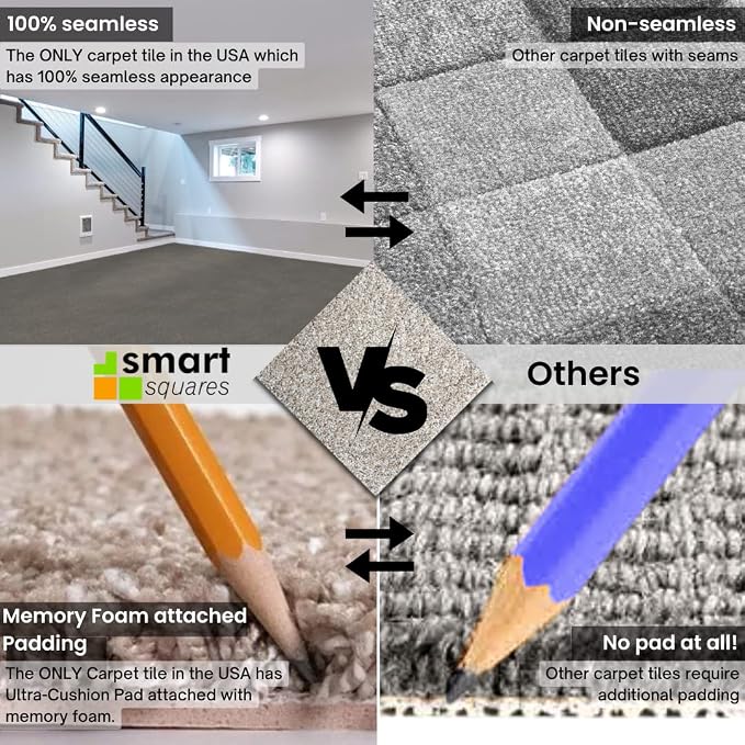 Smart Squares Easy Street Premium Plush Carpet Tiles, Made in USA – 18x18 Peel and Stick Floor Tiles with Attached Padding – Seamless DIY Carpet Squares (22.5 Sq Ft, Pack of 10, 909 Lava)