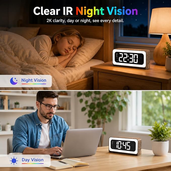 Clock Camera 2K,5G&2.4G WiFi Indoor Security Camera Wood Grain,Cameras for Home Security,3 in 1 Indoor Camera with Alarm,Full Color Night Vision Human Motion Detection Local Storage