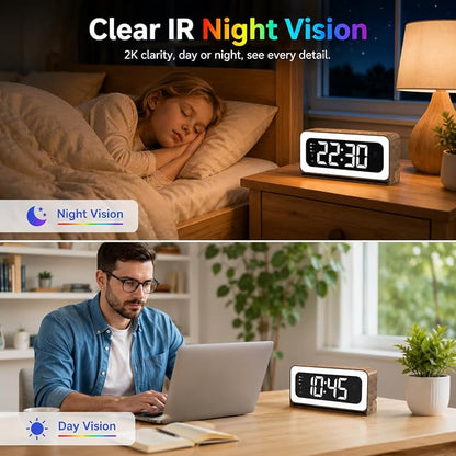 Clock Camera 2K,5G&2.4G WiFi Indoor Security Camera Wood Grain,Cameras for Home Security,3 in 1 Indoor Camera with Alarm,Full Color Night Vision Human Motion Detection Local Storage