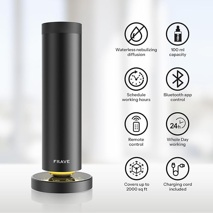 Tower Waterless Scent Diffuser, 2000 Sq Ft Coverage, Luxury Hotel Scent Oil Diffuser for Large Room, Home, Office, Hotel, Remote & App Control, Essential Oil Cold Air Machine, Onyx