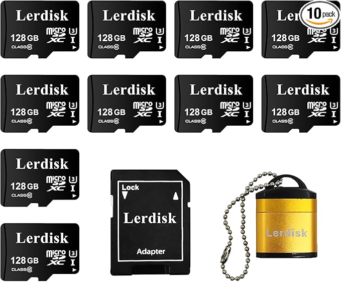 Factory Wholesale 128GB Micro SD Card 10-Pack, U3 A1 V30 Class 10, 80+MB/s Read for 4K Camera, Game Console, Drone,CCTV -with SD Adapter(128GBX10)
