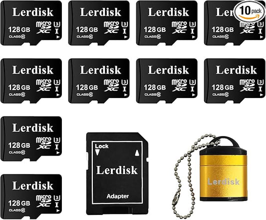 Factory Wholesale 128GB Micro SD Card 10-Pack, U3 A1 V30 Class 10, 80+MB/s Read for 4K Camera, Game Console, Drone,CCTV -with SD Adapter(128GBX10)