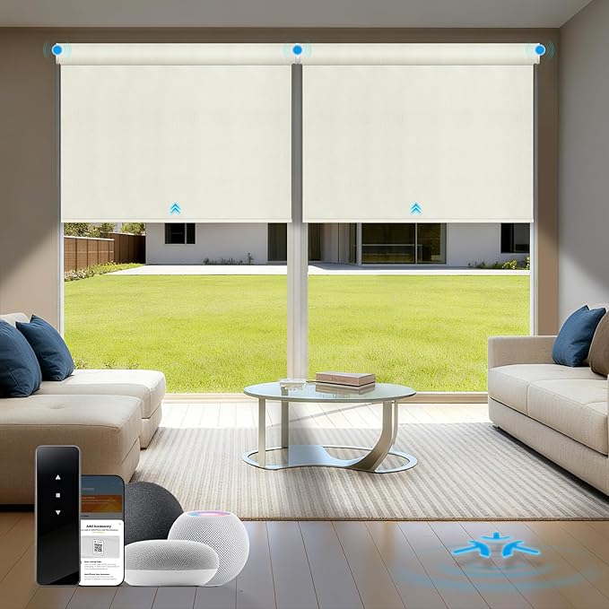 Motorized Blinds with Remote, Blackout Roller Shades for Indoor Windows, Smart Automatic Blinds Compatible with Alexa/Homekit/Google, Custom Size (Blackout-TexturaLux Linen)