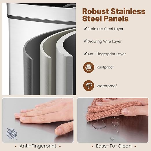 Goplus 19 Gal Motion Sensor Trash Can, 72 L Volume in 4 Containers, Touchless Trash Bin w/Kitchen Waste Bin & 2 Bottom Recycling Bins, Stainless Steel Garbage Can w/Soft Close Lid, Battery Operated