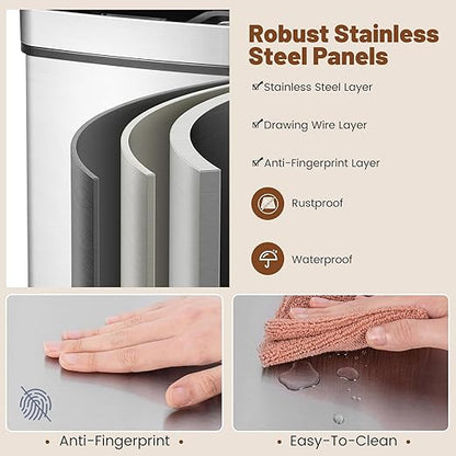 Goplus 19 Gal Motion Sensor Trash Can, 72 L Volume in 4 Containers, Touchless Trash Bin w/Kitchen Waste Bin & 2 Bottom Recycling Bins, Stainless Steel Garbage Can w/Soft Close Lid, Battery Operated