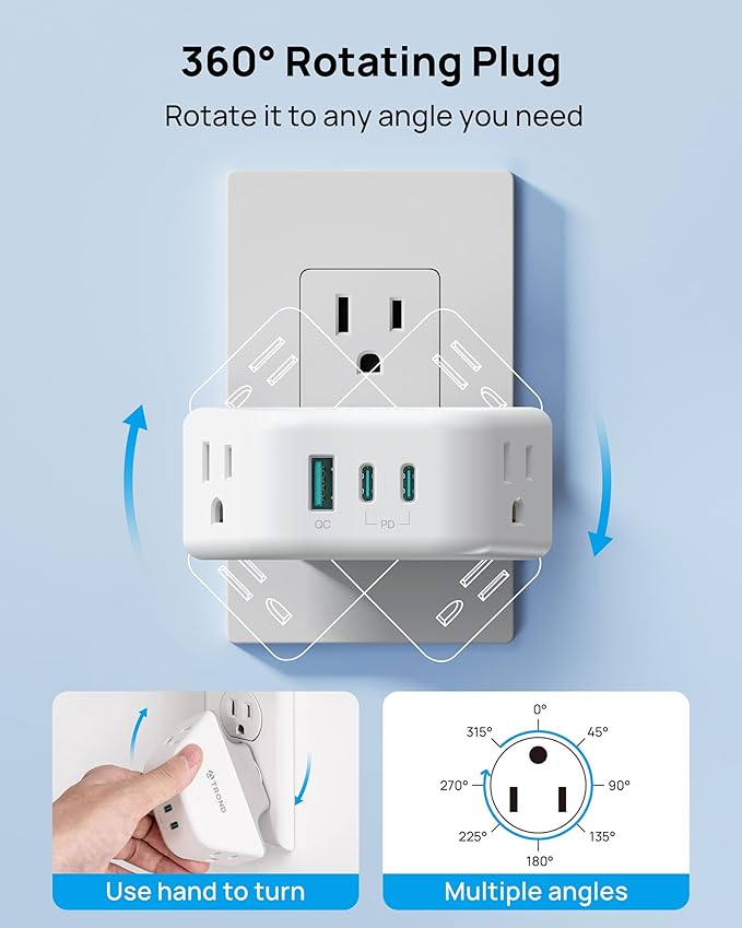 TROND Outlet Extender with 360 Rotating Plug, PD 20W USB C | 2 AC Outlet Splitter, 3-Side Design Wall Plug Adapter, for Bathroom Kitchen Cruise Ship Travel Essentials, White