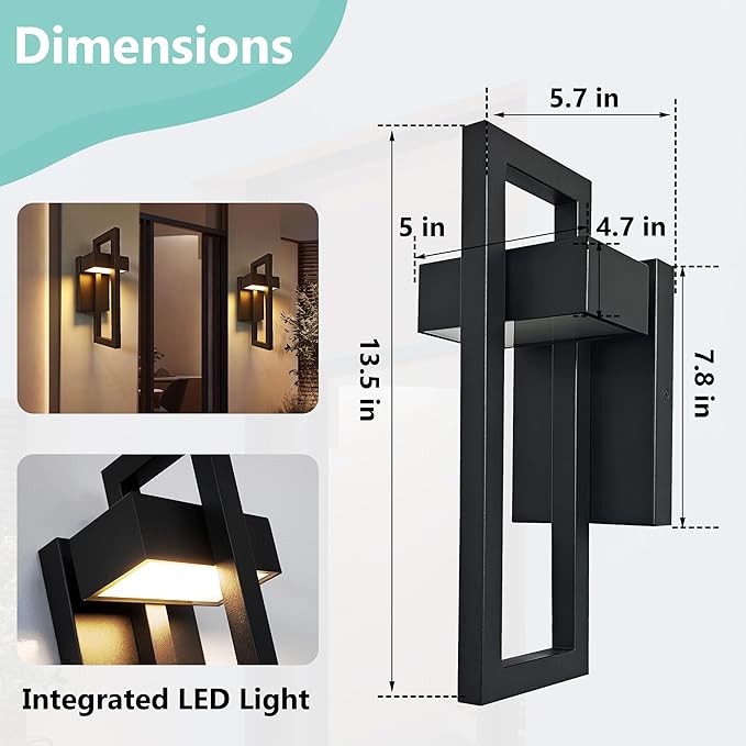 Outdoor Wall Lantern 2 Packs, Dimmable Wall Lights Fixture with 5 Color Temperatures, Integrated LED Wall Sconce Lighting, Matte Black Waterproof Porch Lighting for House Garage Doorway