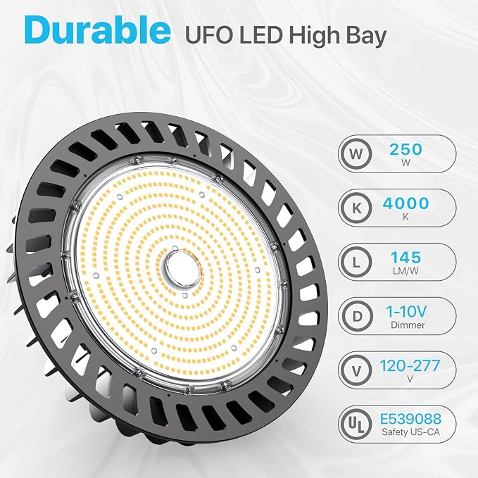 HYPERLITE UFO LED High Bay Light: 250W 36,250LM (145LM/W) 1-10V Dimmable, UL Listed 4000K High Bay LED Light for Shop Shopping Mall Exhibition Hall, Alternative to 1000W MH/HPS, 5-Year WNTY
