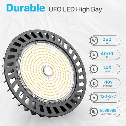 HYPERLITE UFO LED High Bay Light: 250W 36,250LM (145LM/W) 1-10V Dimmable, UL Listed 4000K High Bay LED Light for Shop Shopping Mall Exhibition Hall, Alternative to 1000W MH/HPS, 5-Year WNTY