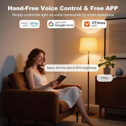 VTimes Smart Light Bulbs, A19 E26 WiFi Bluetooth LED Smart Bulb, Color Changing RGBCW Dimmable Bulb, Works with Alexa & Google Home, 16 Million Colors 2700K-6500K, 9W 800 Lumens 60W Equivalent, 4 Pack