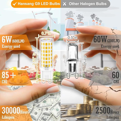 G9 LED Bulb Bi Pin Ceramic Base 2700K Soft White, 60W Halogen Equivalent T4 LED Light Bulbs, G9 Base Chandelier Light Bulb for Home Lighting, 600LM, Non-dimmable, 6 Pack