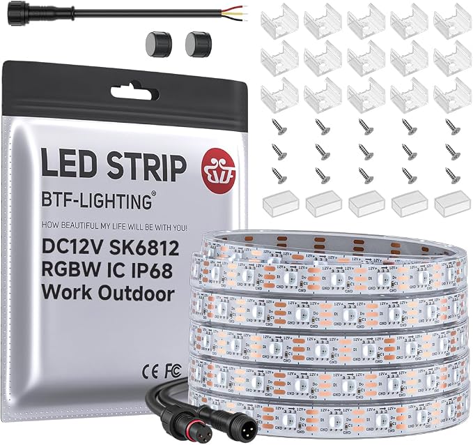 BTF-LIGHTING RGB+Cool White SK6812 LED Strip 16.4FT 300LED DC12V IP68 | Waterproof RGBW Individually Addressable UL Listed 4 Colors in 1 Light (Similar WS2812B) White PCB(No Adapter or Controller)