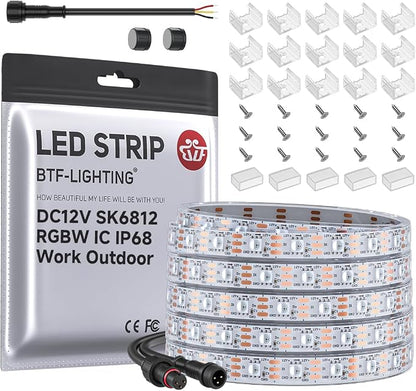 BTF-LIGHTING RGB+Cool White SK6812 LED Strip 16.4FT 300LED DC12V IP68 | Waterproof RGBW Individually Addressable UL Listed 4 Colors in 1 Light (Similar WS2812B) White PCB(No Adapter or Controller)