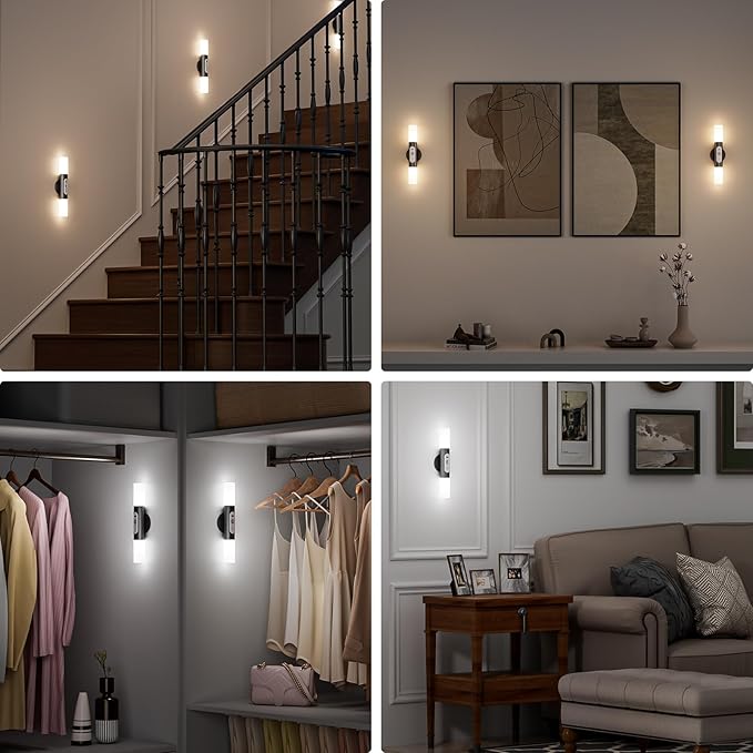 Hensam Motion Sensor Wall Lights with Remote Control, LED Rechargeable Battery Operated Wall Sconces Set of Two for Bedroom, Wireless Night Light for Indoor Stairway, Hallway, Black