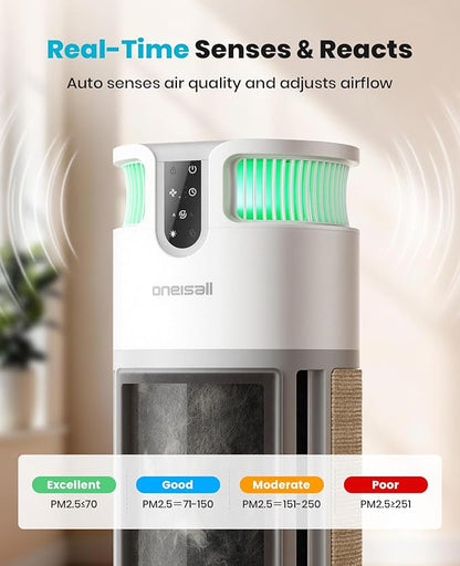 oneisall Pet Air Purifier for Home: Large Room 3000 Ft², H13 HEPA Washable Filter, 360° Airflow Visible Air Cleaner for Pet Hair, Odor Allergies Smoke Dust, PM2.5 Monitor,Auto Mode,Cat Toys,PP04