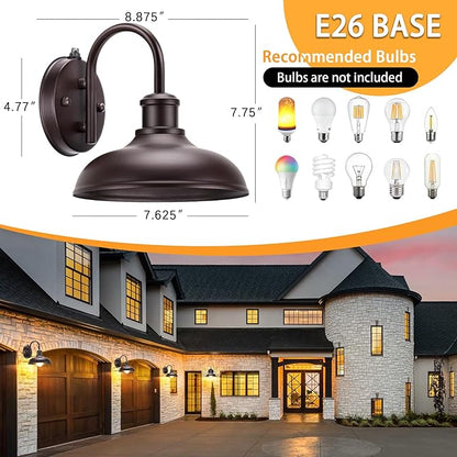2-Pack Dusk to Dawn Gooseneck Outdoor Light Fixtures, Farmhouse Barn Lights for Porch, Industrial Brown Exterior Wall Sconce for Garage, Patio, E26 Base Anti-Rust for Garage Frontdoor Entryway Doorway