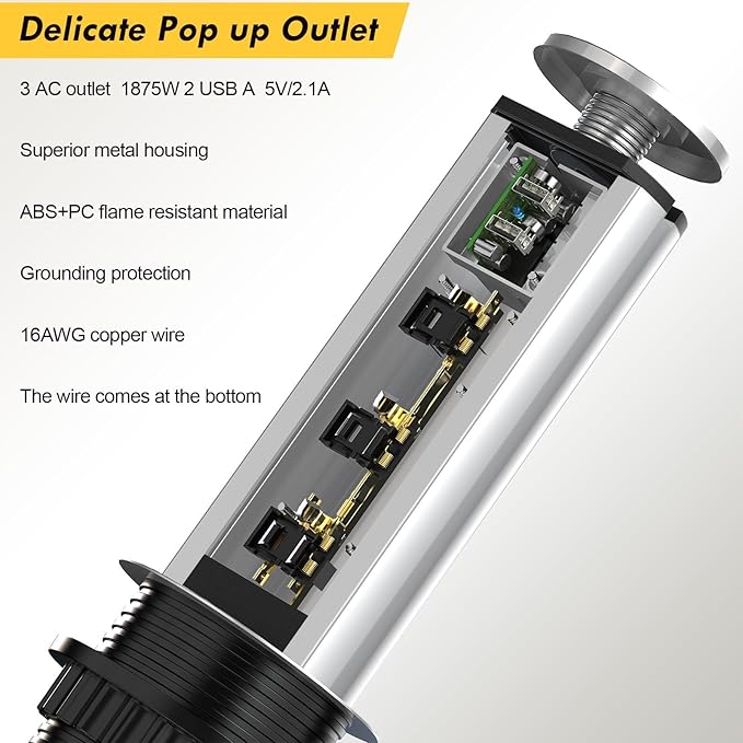Pop up Outlet for Countertop, 3 AC Outlets & 2 USB-A, 3-1/4 Inch Silver