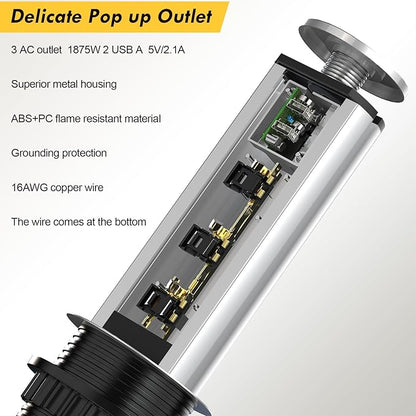 Pop up Outlet for Countertop, 3 AC Outlets & 2 USB-A, 3-1/4 Inch Silver