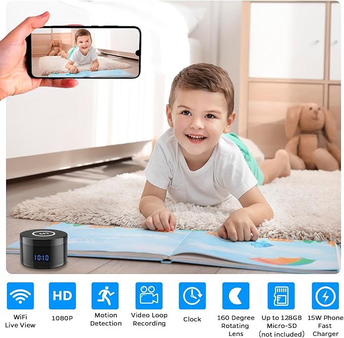 Indoor Camera with Clock and Wireless Charging, 1080P WiFi Cameras for Home, Security Camera with Motion Detection, Night Vision, Local & Cloud Storage,with APP (Black)