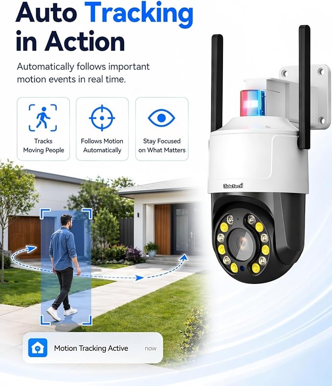 JideTech 5MP Outdoor PTZ WiFi Security Camera, 5X Optical Zoom, Dual Band 2.4G/5G Wireless, Auto Tracking, Human Detection, Color Night Vision, Red & Blue Warning Light, NVR Compatible