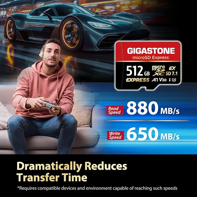 【Designed for Switch 2】 GIGASTONE 512GB microSD Express, R/W 880/650MB/s Compatible with Nintendo-Switch 2, SD 7.1, Professional Camera, A1 V30, with SD Adapter and USB C Card Reader