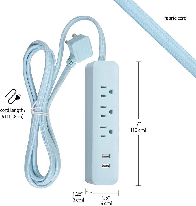Globe Electric 78255 Designer Series 6ft 3-Outlet USB Surge Protector Power Strip, 2X USB Ports, Surge Protector, Mint Finish