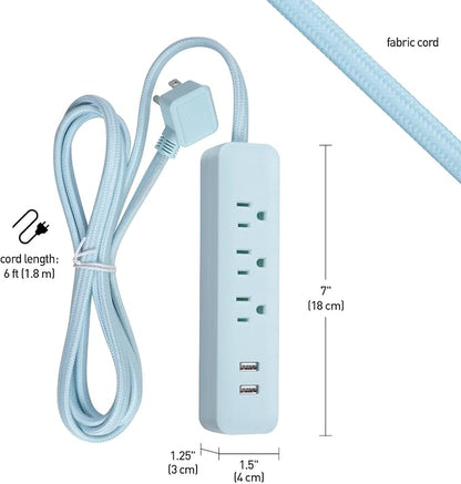 Globe Electric 78255 Designer Series 6ft 3-Outlet USB Surge Protector Power Strip, 2X USB Ports, Surge Protector, Mint Finish