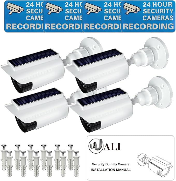 WALI Fake Dummy Camera, Solar Powered Fake Security Camera with LED Light, for Inside Outside Decoy Simulated Surveillance Security CCTV Dome Cameras with Warning Sticker (SOLTC-W2), 2 Packs, White